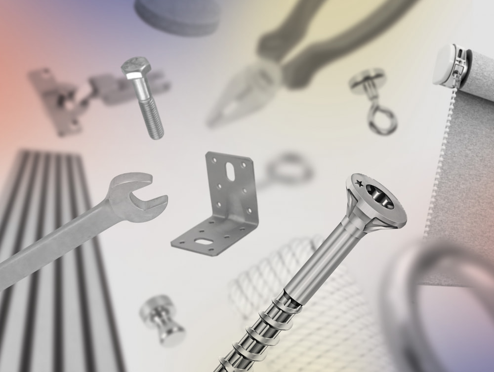 Floating metal hardware including a screw, wrench, bolt, corner bracket, and pliers on a blurred gradient background.
